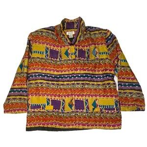 VTG Bogari Silk Shirt Jacket Vibrant Geometric Print 90s Shoulder Pads Women’s M